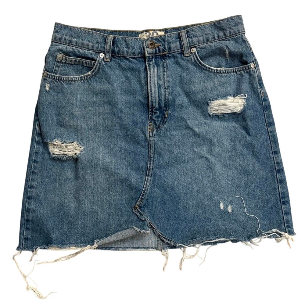 Free People Hallie Denim Midstone Blue Distressed Raw Hem Mini‎ Skirt size 30